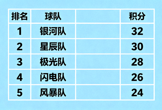 联赛积分榜数据展示，各球队排名与积分信息排列